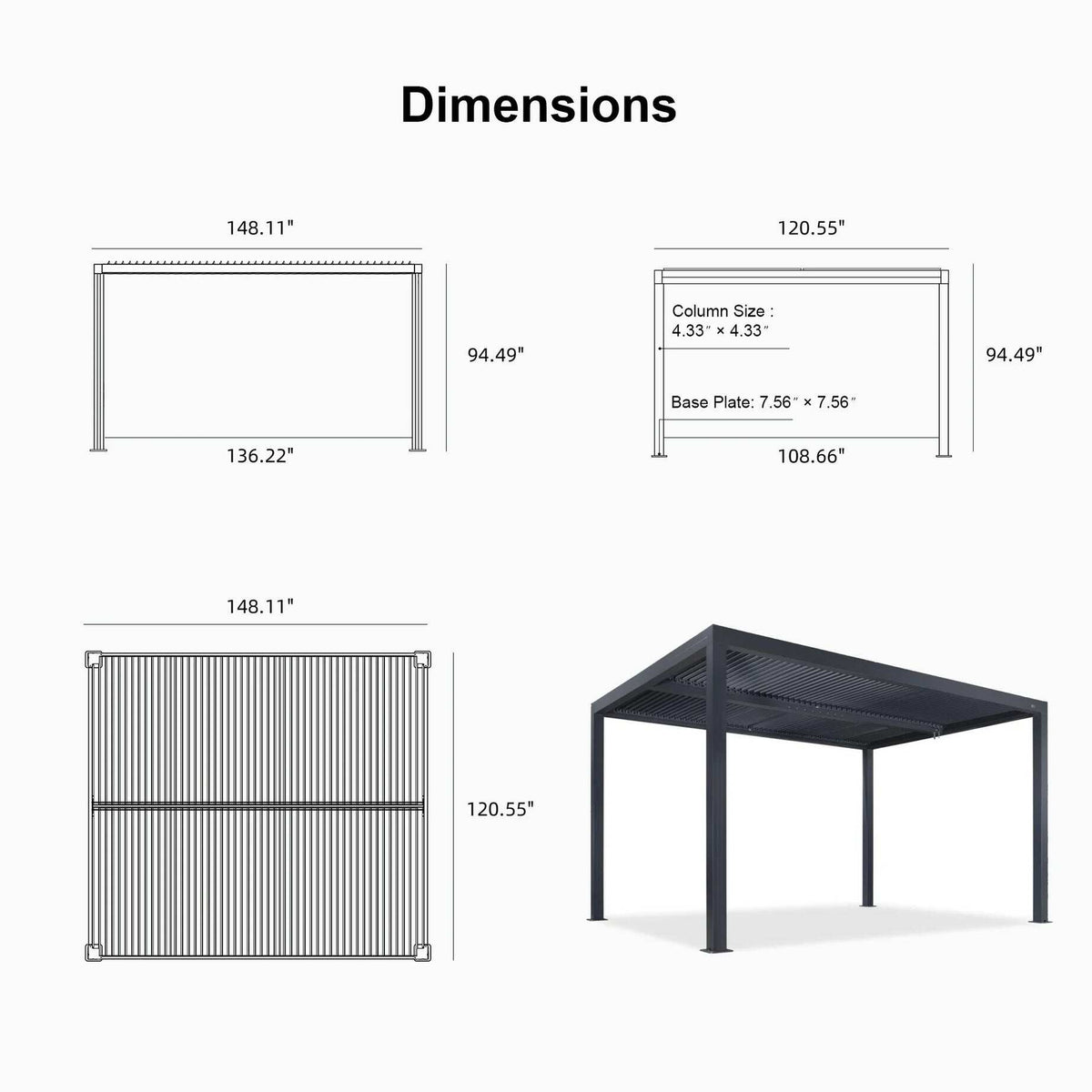 Gray Louvered Pergola Outdoor Aluminum Pergola with Adjustable Roof for Patio Gray Hardtop Gazebo