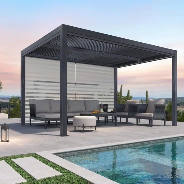Gray Aluminum Louvered Pergola with Adjustable Roof