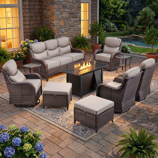 9-Piece Outdoor Lounge Set with Fire Pit & Swivel Chairs