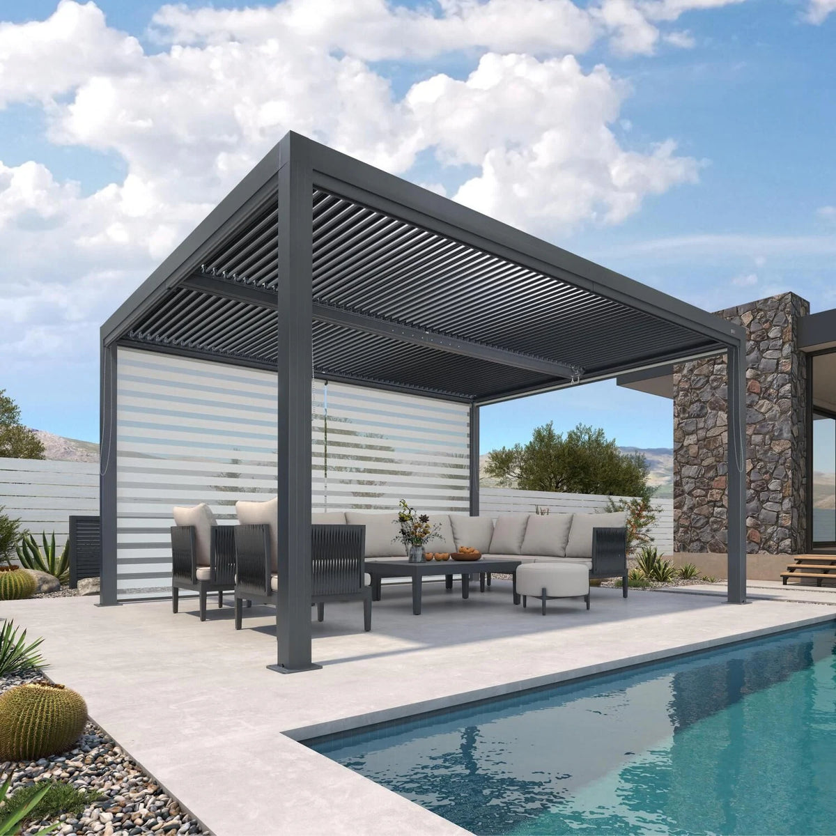 Gray Louvered Pergola Outdoor Aluminum Pergola with Adjustable Roof for Patio Gray Hardtop Gazebo