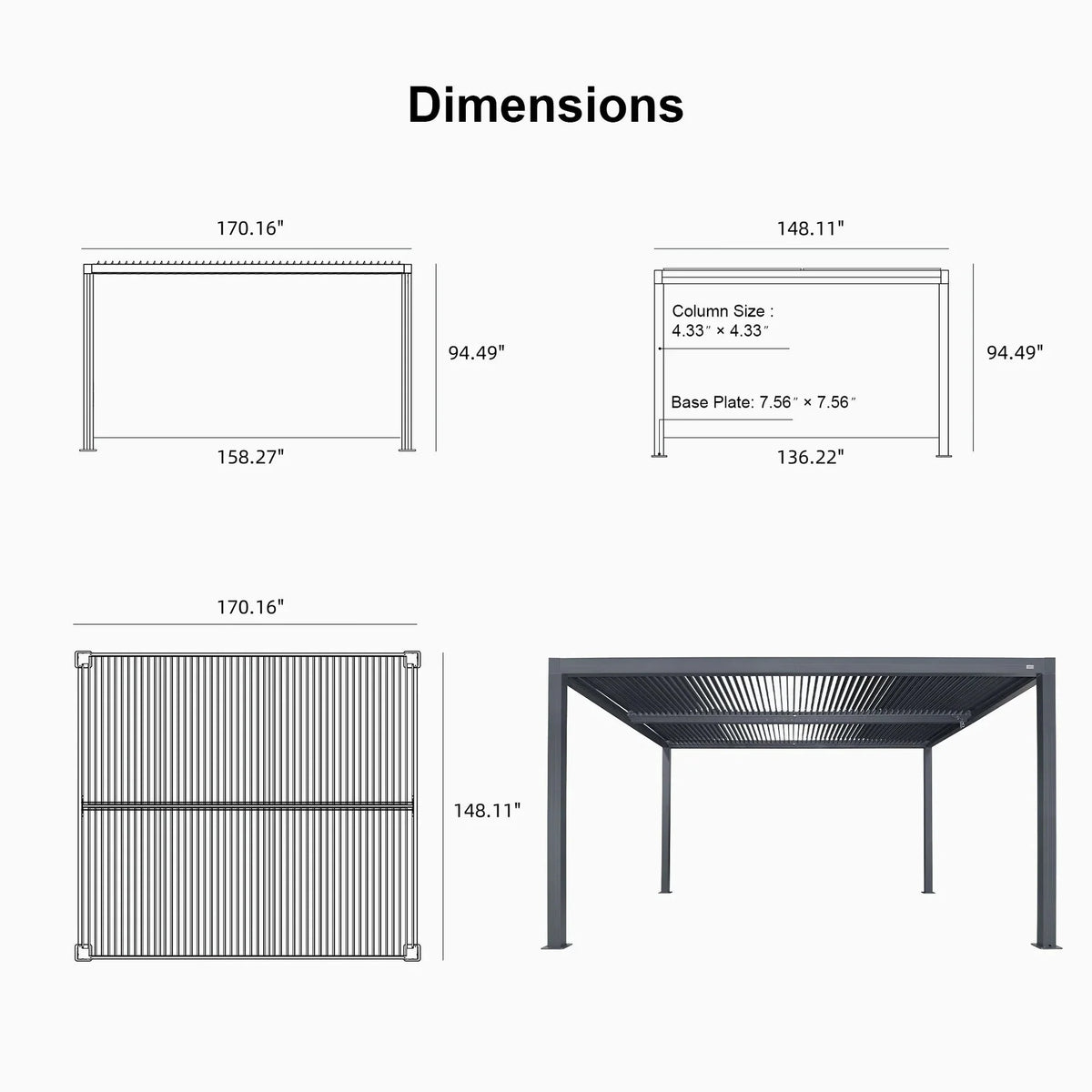Gray Louvered Pergola Outdoor Aluminum Pergola with Adjustable Roof for Patio Gray Hardtop Gazebo