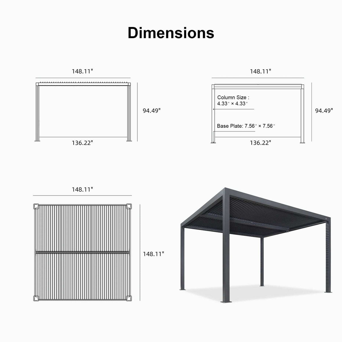 Gray Louvered Pergola Outdoor Aluminum Pergola with Adjustable Roof for Patio Gray Hardtop Gazebo