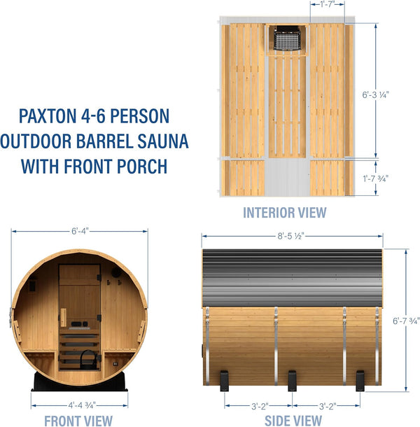 Paxton 4–6 Person Cedar Barrel Sauna with Porch & Wi-Fi Control
