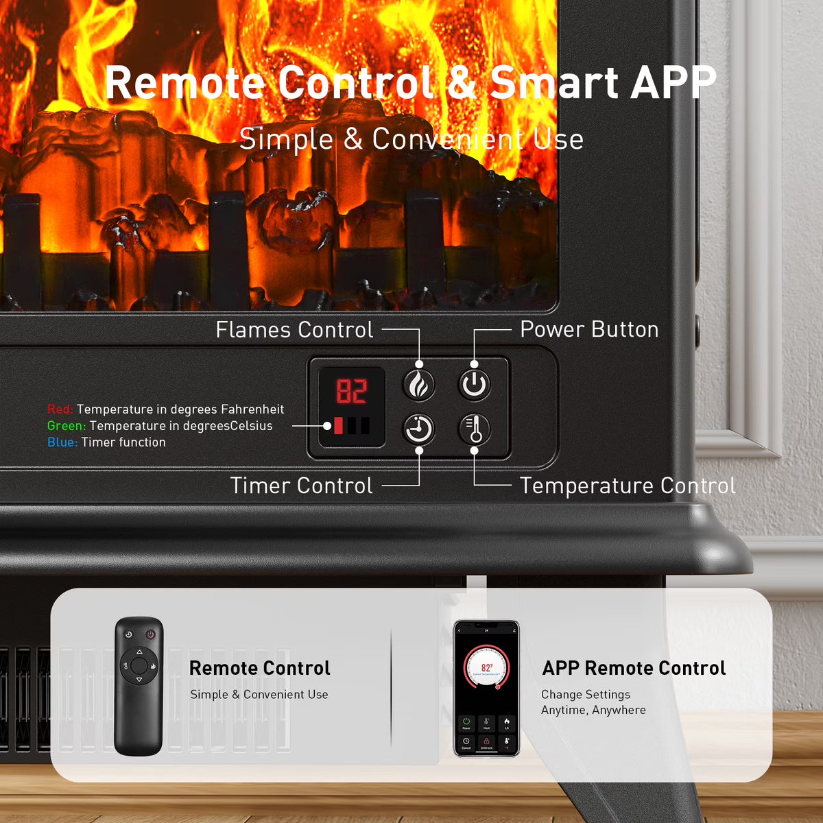 24'' Freestanding Electric Fireplace Heater Stove Portable Infrared Fireplace for Indoor, W/ Remote, Thermostat, 5 Variable Flame
