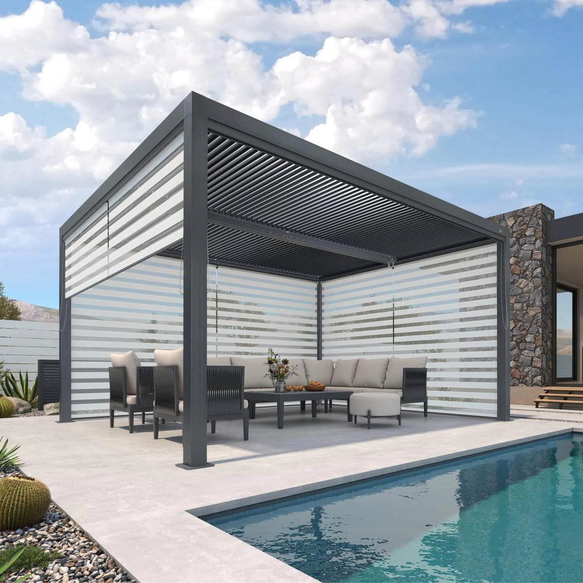Gray Louvered Pergola Outdoor Aluminum Pergola with Adjustable Roof for Patio Gray Hardtop Gazebo