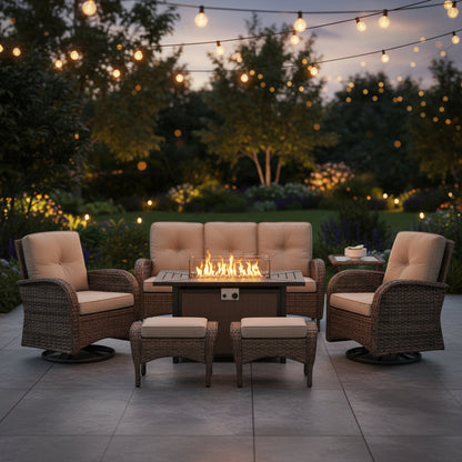 7 Piece Outdoor Patio Furniture Set, Patio Furniture Set with Fire Pit Table Rattan Wicker Patio Furniture Set, Brown Wicker & Beige Cushion