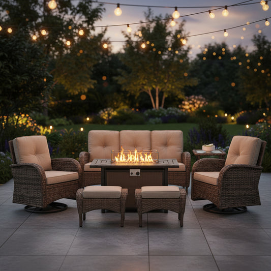 7 Piece Outdoor Patio Furniture Set, Patio Furniture Set with Fire Pit Table Rattan Wicker Patio Furniture Set, Brown Wicker & Beige Cushion