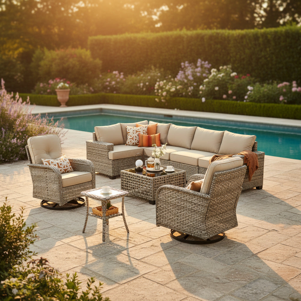 9 Pieces Patio Furniture Set outside Furniture Wicker Patio Conversation Set with Swivel Chairs, Outdoor Furniture for Garden, Beige