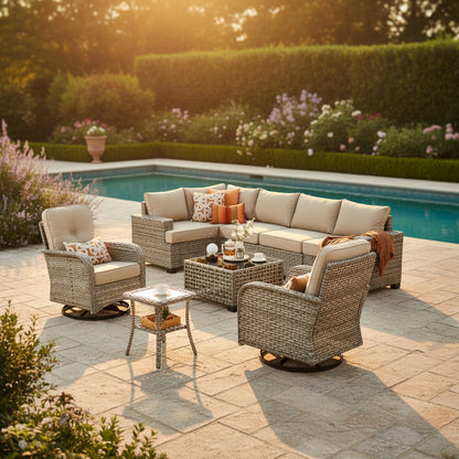 9 Pieces Patio Furniture Set outside Furniture Wicker Patio Conversation Set with Swivel Chairs, Outdoor Furniture for Garden, Beige