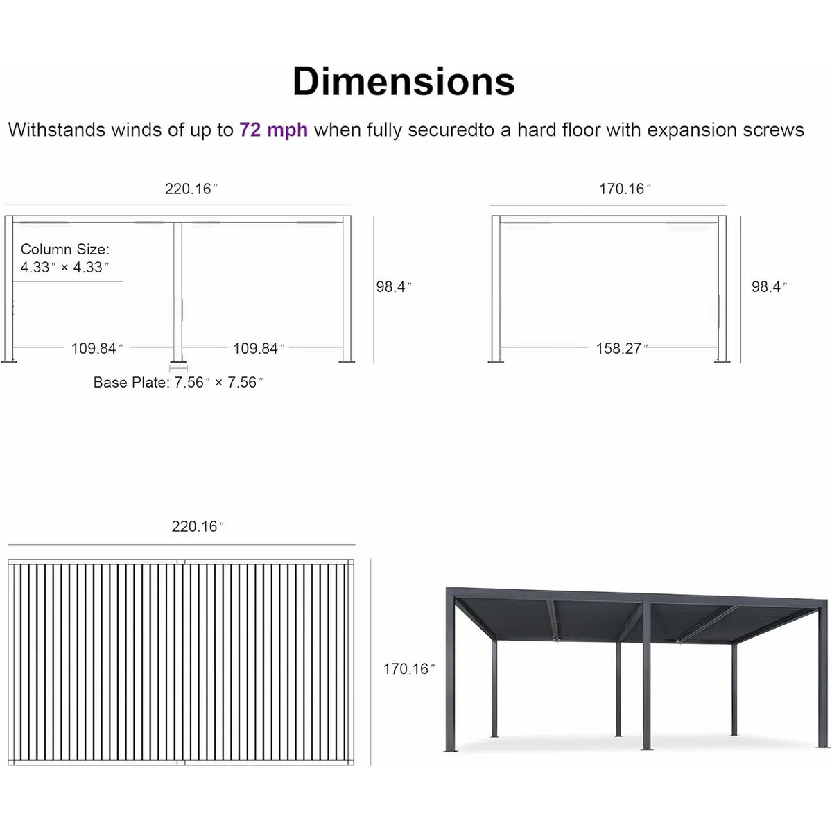Gray Louvered Pergola Outdoor Aluminum Pergola with Adjustable Roof for Patio Gray Hardtop Gazebo