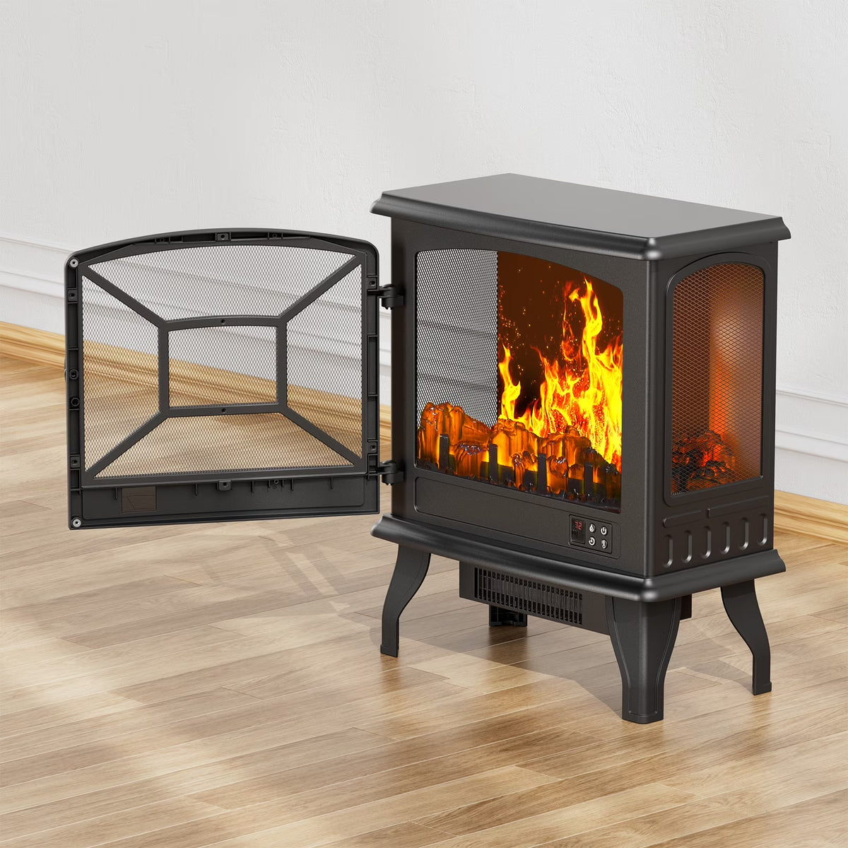 24'' Freestanding Electric Fireplace Heater Stove Portable Infrared Fireplace for Indoor, W/ Remote, Thermostat, 5 Variable Flame