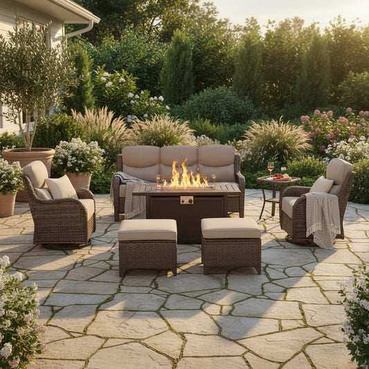 9-Piece Outdoor Lounge Set with Fire Pit & Swivel Chairs