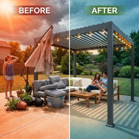 Louvered Pergola Designed for Year-Round Comfort, Adjustable Aluminum Roof, Integrated Drainage, Wind-Rated Frame — Before & After