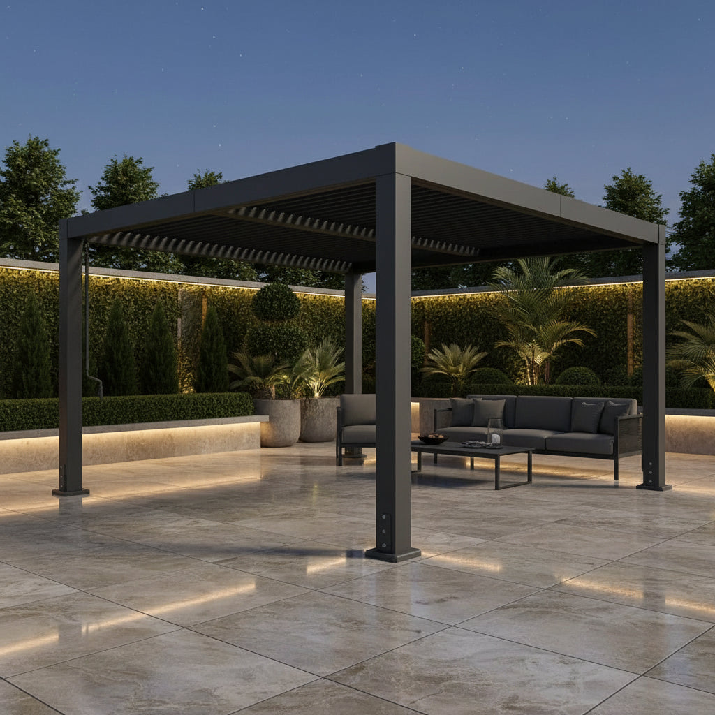 Louvered Pergola Designed for Year-Round Comfort, Adjustable Aluminum Roof, Integrated Drainage, Wind-Rated Frame — Studio Shot