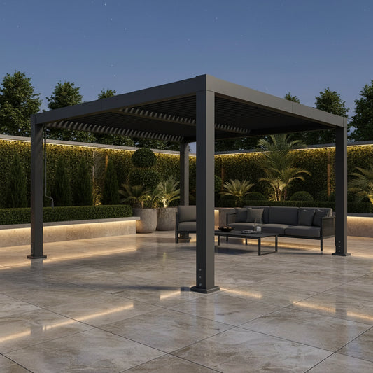 Louvered Pergola Designed for Year-Round Comfort, Adjustable Aluminum Roof, Integrated Drainage, Wind-Rated Frame — Studio Shot